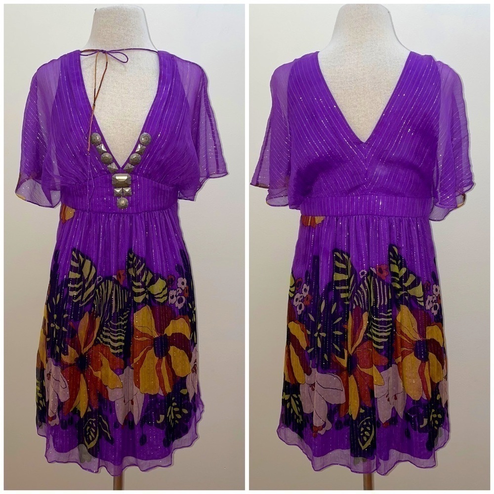 TIBI Silk Dress Sz 10 $495 Purple Floral Beads 100% Silk Metallic Empire